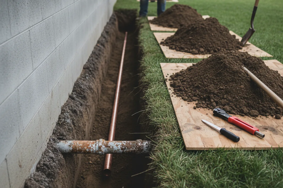 Excavated water line trench during Sewer Line Repair in La Verne